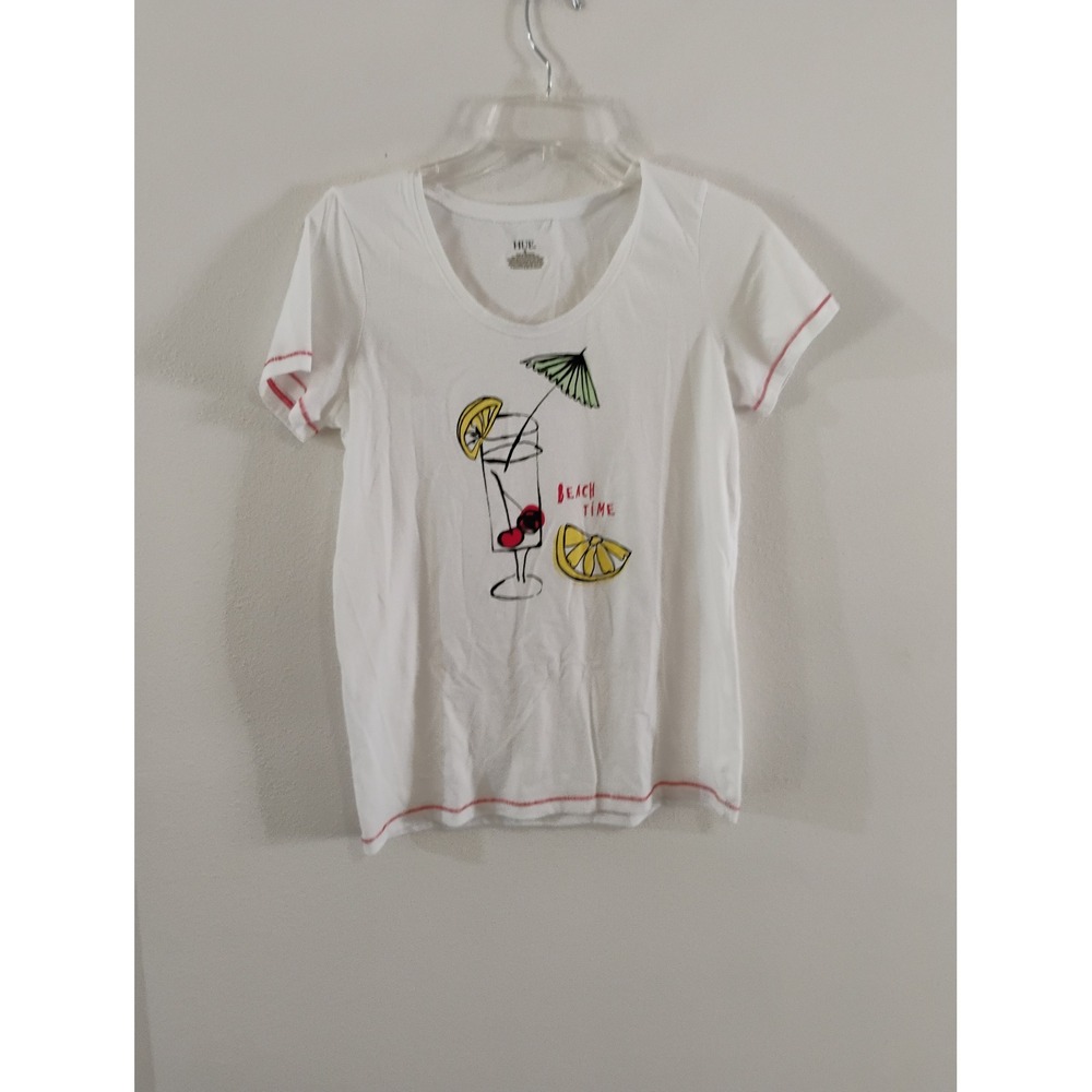 HUE Womens Pajama Set Small White Beach Time Graphic Tee Striped Shorts 2pc